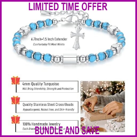 Adjustable Stainless Steel Cross Bracelet with Gemstones, Christian Gift - Picture 3 of 8